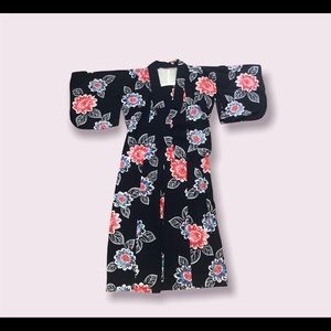 Vintage Japanese Floral' Navy Blue Kimono Robe XS S M L (One Size)